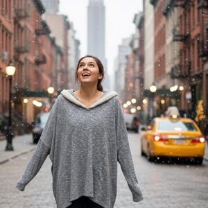 Gray Hooded Women's Top with chenille hood